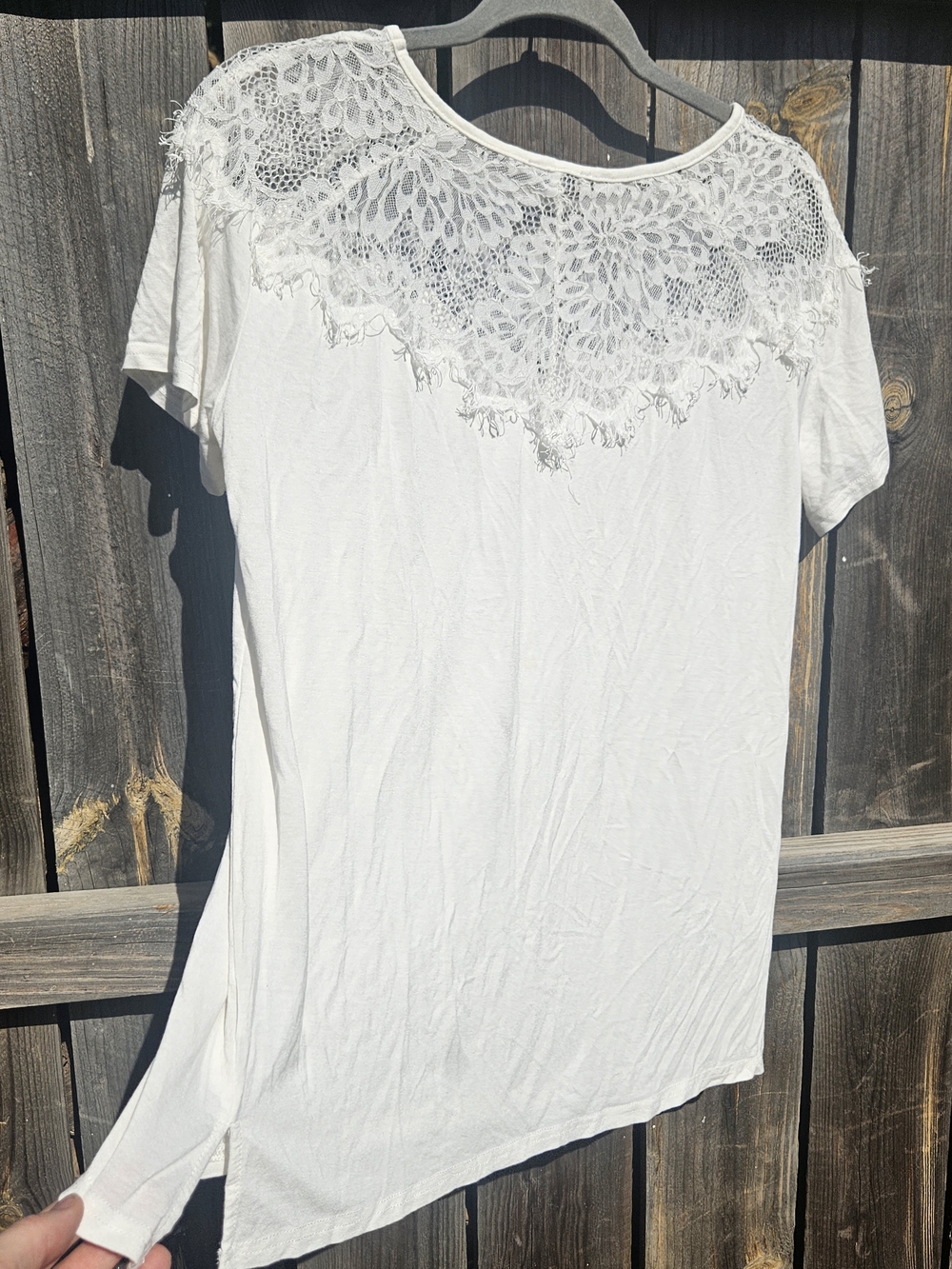 JODIFL White Lace Top Medium Short Sleeve Fringe Crochet Lightweight Flowy